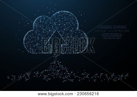 Cloud Technology. Polygonal Wireframe Mesh Art With Crumbled Edge On Blue Night Sky With Dots, Stars