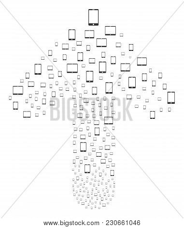 Mobile Devices Collage Constructed In The Combination Of Forward Navigation Arrow. Upwards Movement 