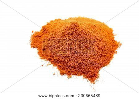 Red Ground Paprika Isolated On White Background, Shallow Depth Of Field, Top View, Close-up, Macro, 