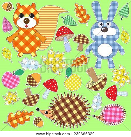 Set Of Textile Stickers.autumn In The Woods.vector.