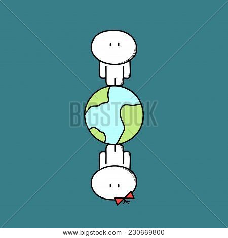 Cute Man And Woman Are Apart On The Planet Earth In Space. Search Or Look For Love, Long Distance Re