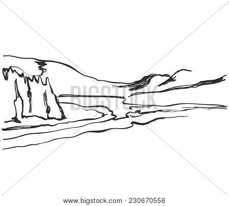 Hand Drawn Landscape. Field, Tree And Hill.