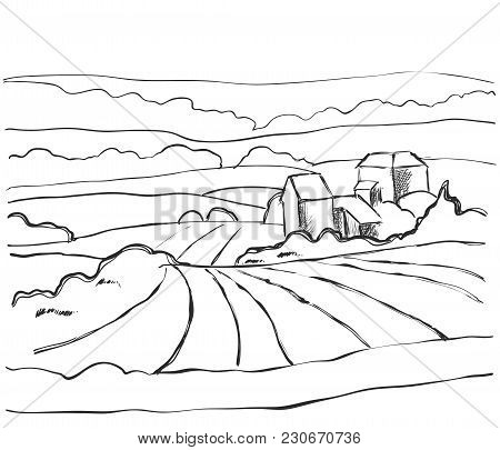 Farm Hills Drawing. Landscape Sketch. Field And House.