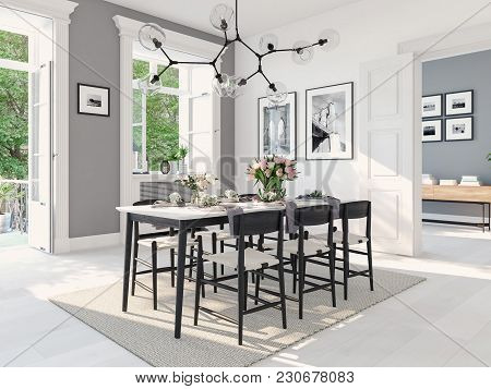 3d Rendering Of Modern Dining Room In A Loft.