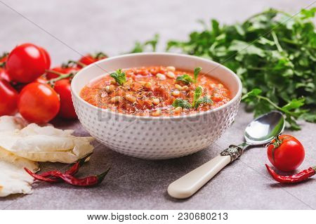 Indian Tomato Rasam With Lentil, Mint, Cilantro And Cashew