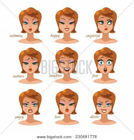 Woman Character Expressions Emotions Set. Calmness, Happy, Suspicion, Fear, Angry, Laughter, Sadness