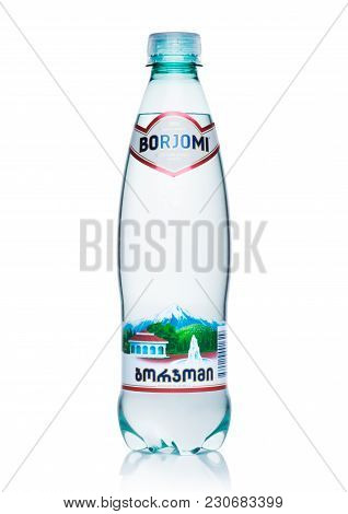 London, Uk - March 10, 2018 : Plastic Bottle Of Borjomi Sparkling Mineral Water On White Background.