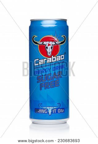 London, Uk - March 10, 2018 : Aluminium Tin Of Carabao  Energy Sugar Free On White Background.