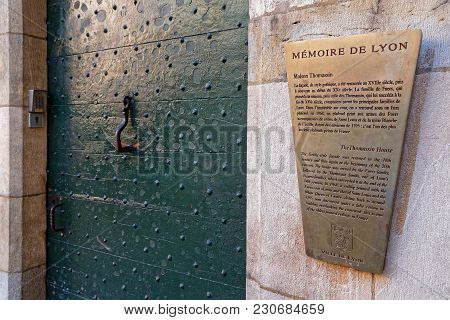 Lyon, France, March 11, 2018 : Traboule Information. Traboules (from Latin Transambulare Meaning 
