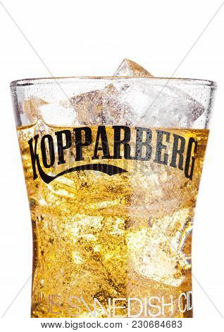 London, Uk - March 10, 2018 : Cold Glass Of Kopparberg Premium Cider  On White Background.