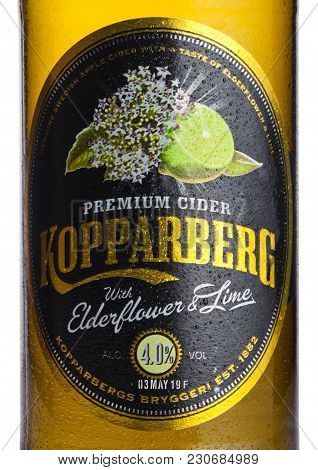 London, Uk - March 10, 2018 : Cold Bottle Label Of Kopparberg Premium Cider With Elderflower And Lim