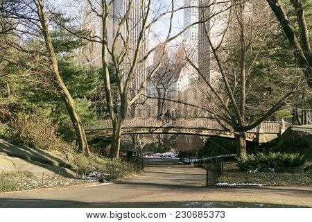 New York Central Park View. People On The Bridge Against Ny Skyscrapers.