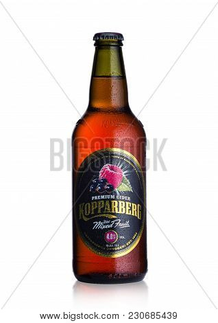 London, Uk - March 10, 2018 : Cold Bottle Of Kopparberg Premium Cider With Mixed Fruit Flavor On Whi