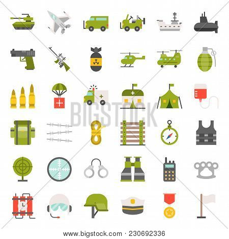Army And Military Icon Set, Flat Design Vector