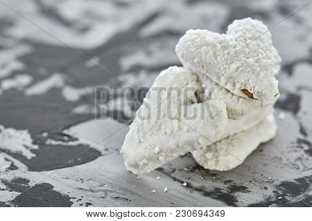 Sweet Crunchy Coconat Heart-shaped Biscuits Arranged In Pattern On Light Textured Background, Top Vi