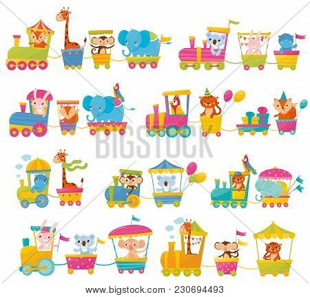 Cartoon Set With Different Animals On Trains. Fox, Giraffe, Monkey, Elephant, Koala, Bunny, Tiger, B