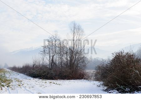 A Snowy Landscape In The French Alps, Along The Road Between France And Italy.