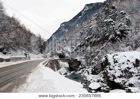 A Snowy Landscape In The French Alps, Along The Road Between France And Italy.