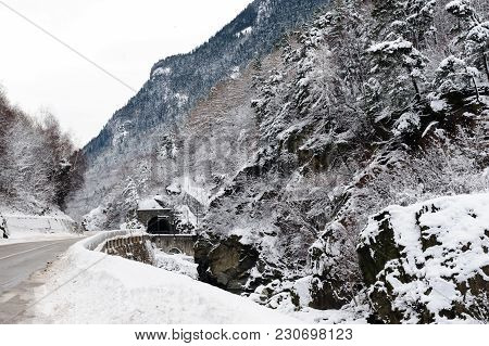 A Snowy Landscape In The French Alps, Along The Road Between France And Italy.