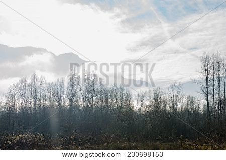 Tree-filled River Banks Near The Town Of Echelles, In The French Savoy Eary, On A Dramatically Cloud