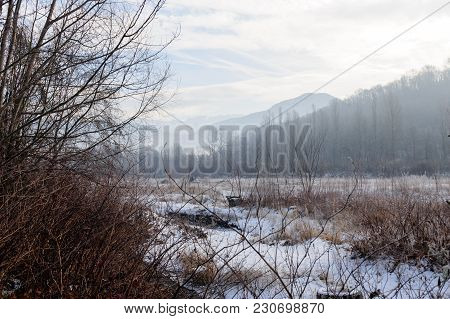 A Snowy Landscape In The French Alps, Along The Road Between France And Italy.