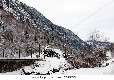 A Snowy Landscape In The French Alps, Along The Road Between France And Italy.