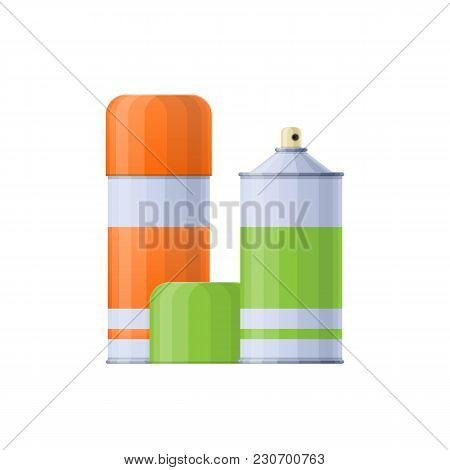 Collection Colored Metal Spray Cans With Multi-colored Paint For Drawing Images. Tools, Accessories 
