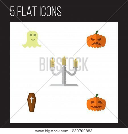 Icon Flat Halloween Set Of Gourd, Coffin, Specter And Other Vector Objects. Also Includes Gourd, Hal