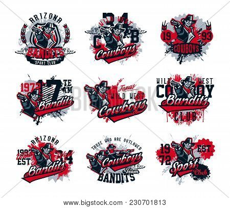 Set Of Vector Illustrations On A Theme Of Wild West, Cowboy Shooting From A Revolver, Bandit, Crimin