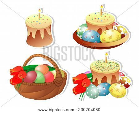Clip-art Set Of Easter Baskets With Easter Cakes And A Burning Candle On A White Background. Isolate