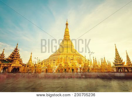 The Golden Stupa Of The Shwedagon Pagoda Yangon (rangoon), Landmark Of Myanmar Or Burma.