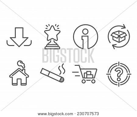 Set Of Return Parcel, Smoking And Shopping Cart Icons. Download, Winner And Headhunter Signs. Exchan