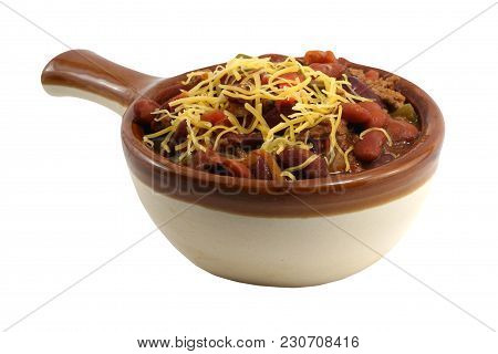 A Isolated Crock Of Chili With Cheese