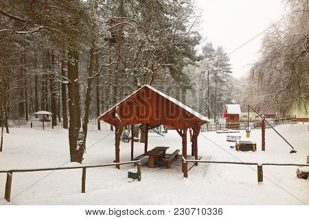 Grodno, Belarus - March 7, 2018: Sanatorium Porechye. Winter. Playground For Children.