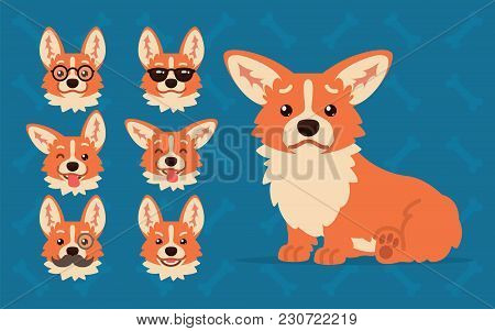 Cute Welsh Corgi Constructor. Illustration Of Corgi Dog Sitting And Its Head Shows Different Emotion