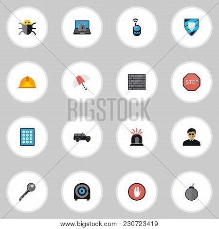 Set Of 16 Editable Safety Icons Flat Style. Includes Symbols Such As Remote Radio, Palm, Laptop And 