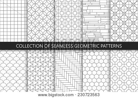 Collection Of Seamless Geometric Patterns. Simple Vector Backgrounds. Countur Striped Gray Design.