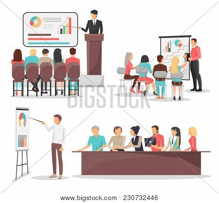 Set Of Business Meeting Trainings, Leader With Pointer Showing Graphics And Schemes And Workers List