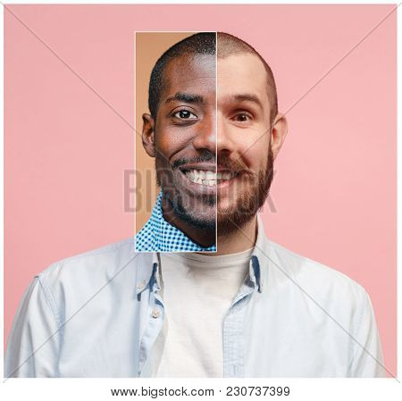 Collage From Two Images Of Smiling African American And Caucasian Men. Community Of Ethnic Races Con