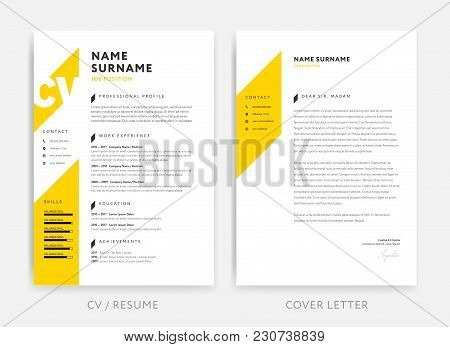 Yellow Cv Curriculum Vitae And Cover Letter Design Template. Creative Vector Layout.