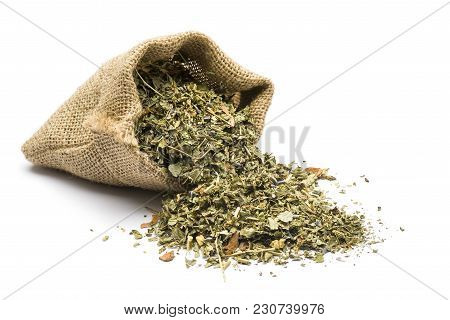 Green Tea Mixture In Juta Bag On White Background