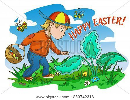 Easter Egg Hunter Boy Looking For Eggs, Color Vector Illustration