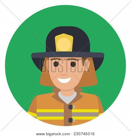 Cheerful Firefighter In Protective Suit And Black Hat Closeup Vector Illustration Avatar Userpic. Ma