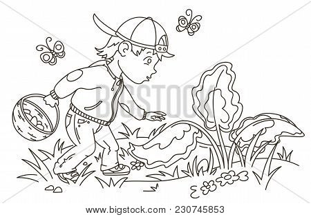 Easter Egg Hunter Boy Looking For Eggs, Outline Vector Illustration