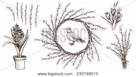 Spring Flower Vintage Decoration Set. Hand Drawn Vector Willow Wreath, Branches, Robin Bird, Crocus 
