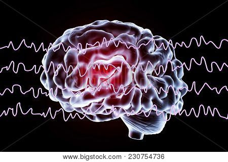 Eeg Electroencephalogram, Brain Wave In Awake State During Rest, 3d Illustration