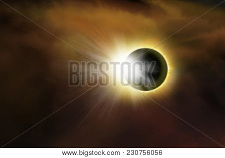 Solar Eclipse .  Light From Sky . Religion Background . Total Solar Eclipse With Visible Corona