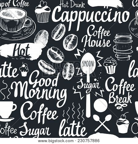 Seamless Coffee Sketch Background. Hot Drinks Menu. Vector Illustration Pattern With Cup, Maker, Bea