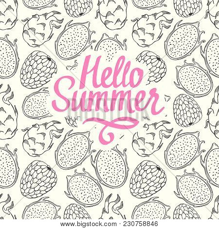 Seamless Nature Pattern With Sketch Of Fruit. Pink And Black Vector Illustration Of Pitaya On White 