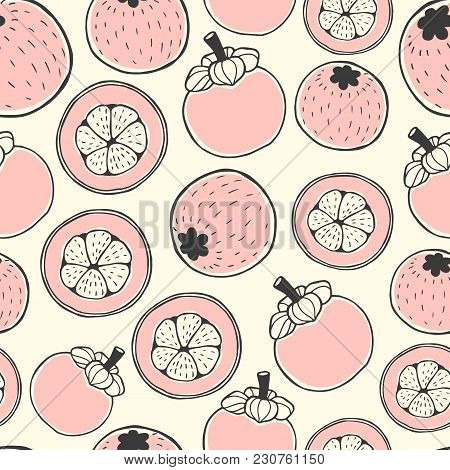 Seamless Nature Pattern With Sketch Of Berries. Pink Vector Background With Mangosteen. Tropical Foo